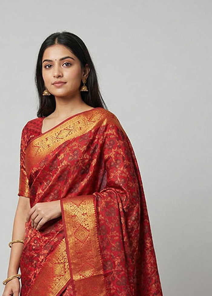 Maroon Dupion Silk Saree With Blouse Piece