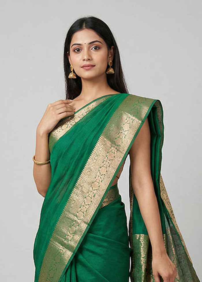 Green Cotton Saree With Blouse Piece