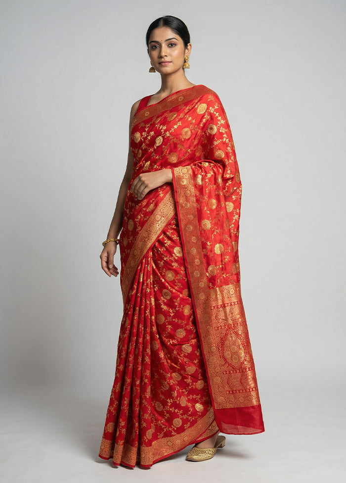 Red Dupion Silk Saree With Blouse Piece