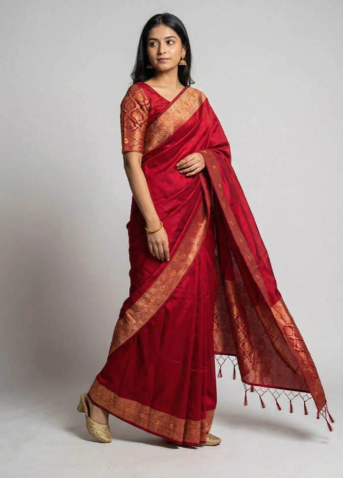 Maroon Dupion Silk Saree With Blouse Piece