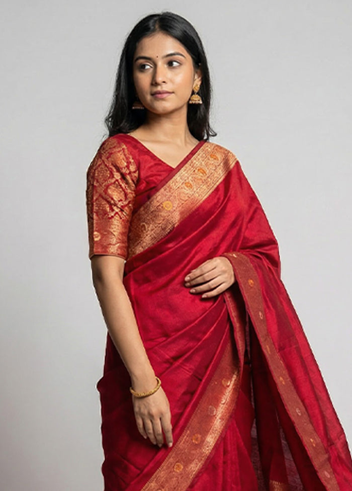 Maroon Dupion Silk Saree With Blouse Piece