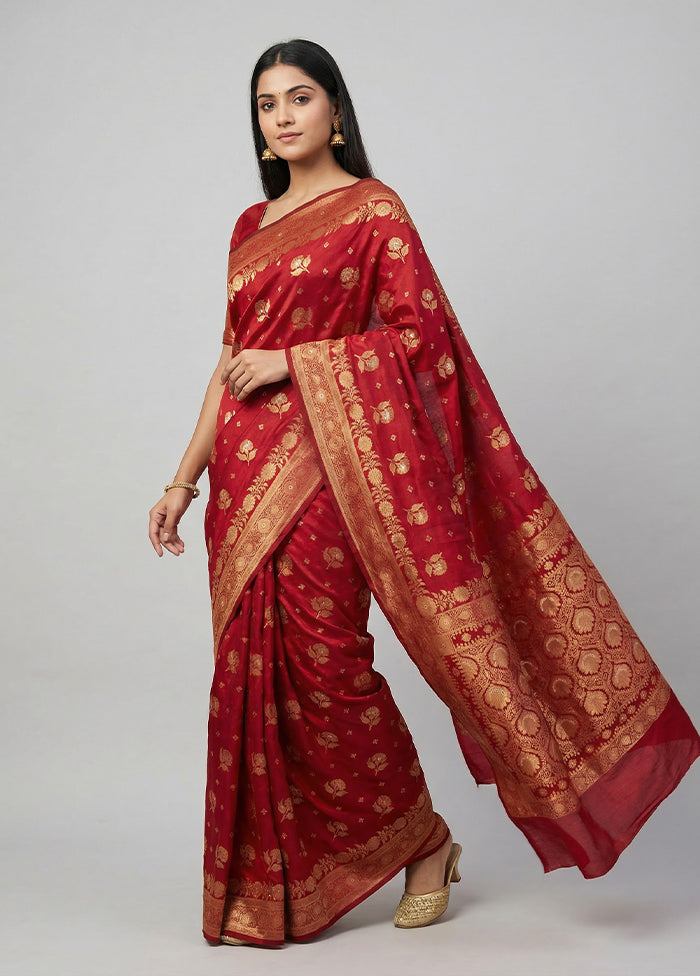 Maroon Dupion Silk Saree With Blouse Piece