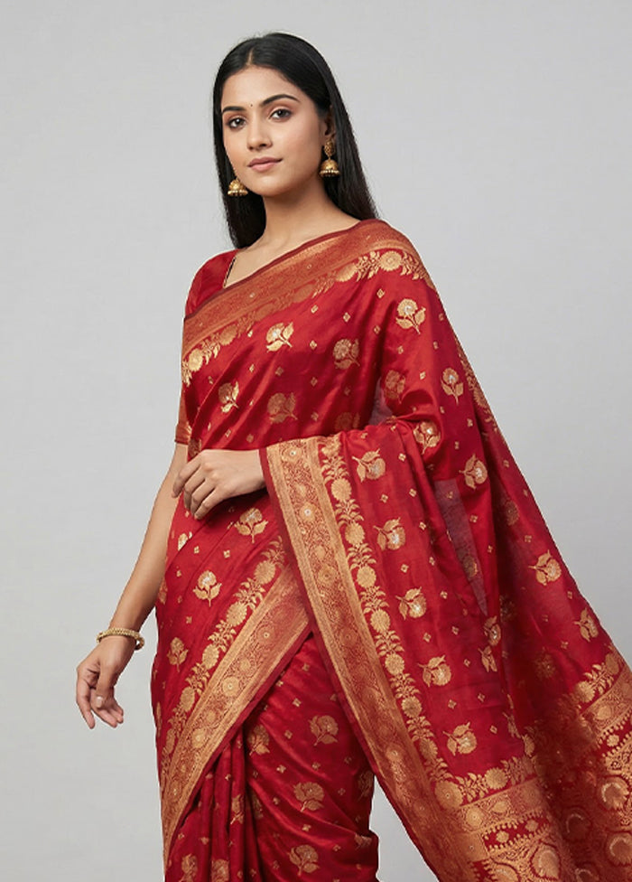 Maroon Dupion Silk Saree With Blouse Piece