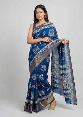 Blue Cotton Saree With Blouse Piece
