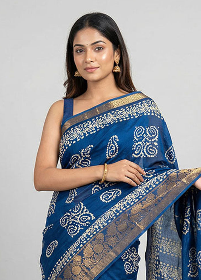 Blue Cotton Saree With Blouse Piece