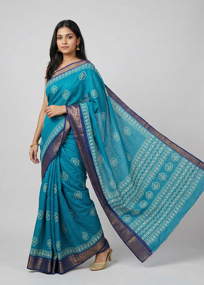 Blue Cotton Saree With Blouse Piece