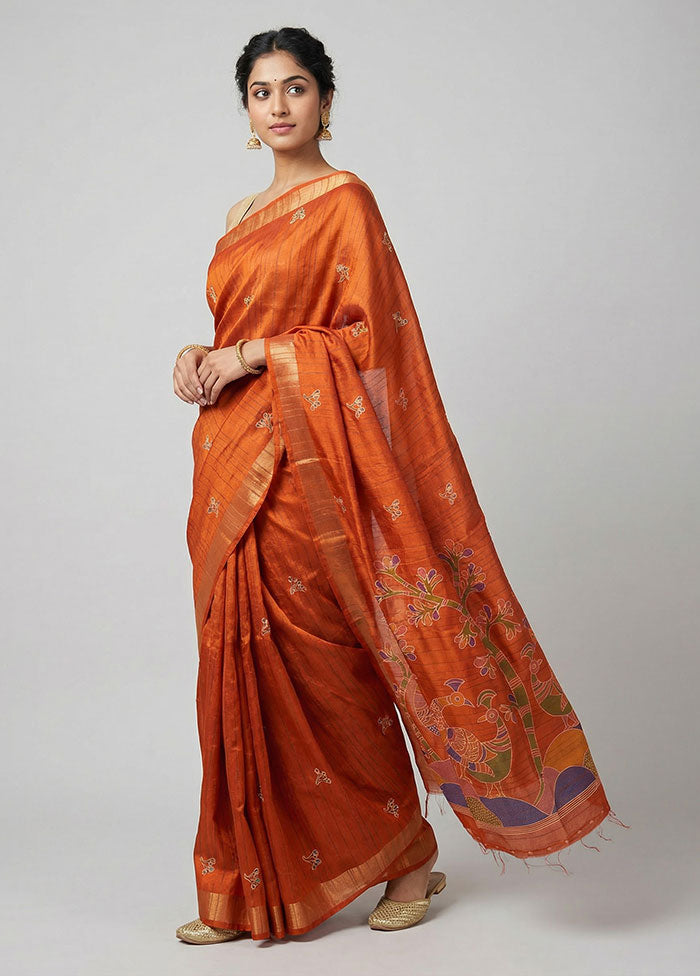 Orange Cotton Saree With Blouse Piece