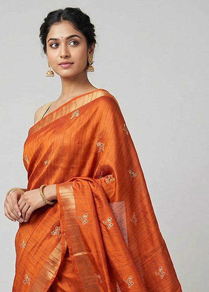 Orange Cotton Saree With Blouse Piece