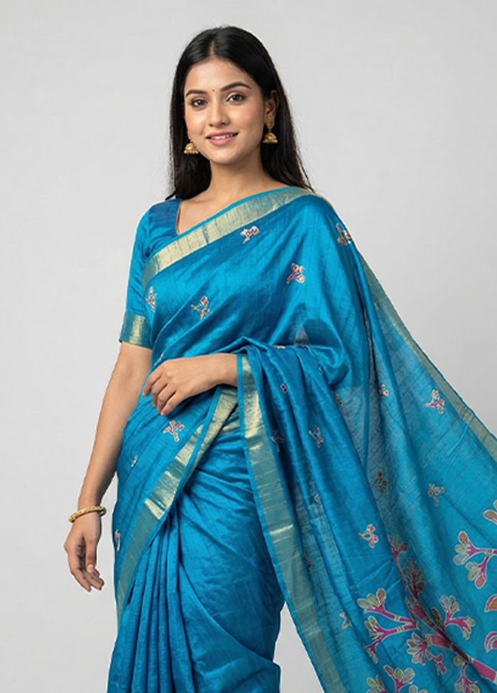 Blue Cotton Saree With Blouse Piece