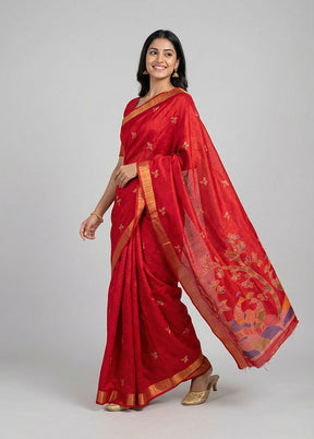 Red Cotton Saree With Blouse Piece