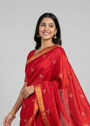 Red Cotton Saree With Blouse Piece