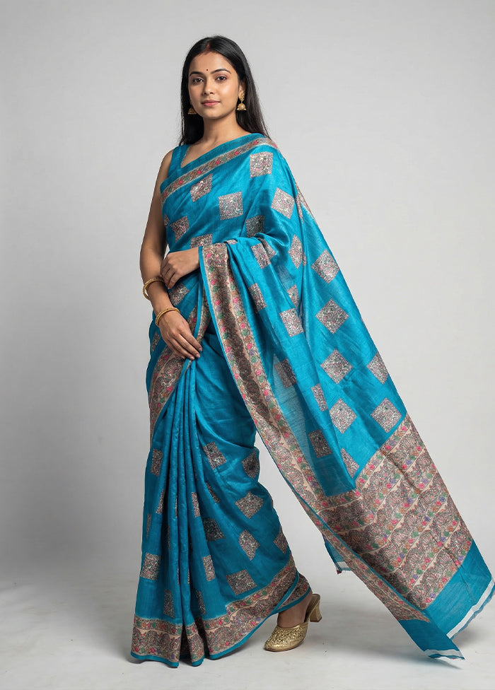 Blue Cotton Saree With Blouse Piece