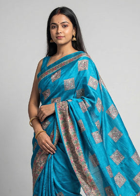 Blue Cotton Saree With Blouse Piece