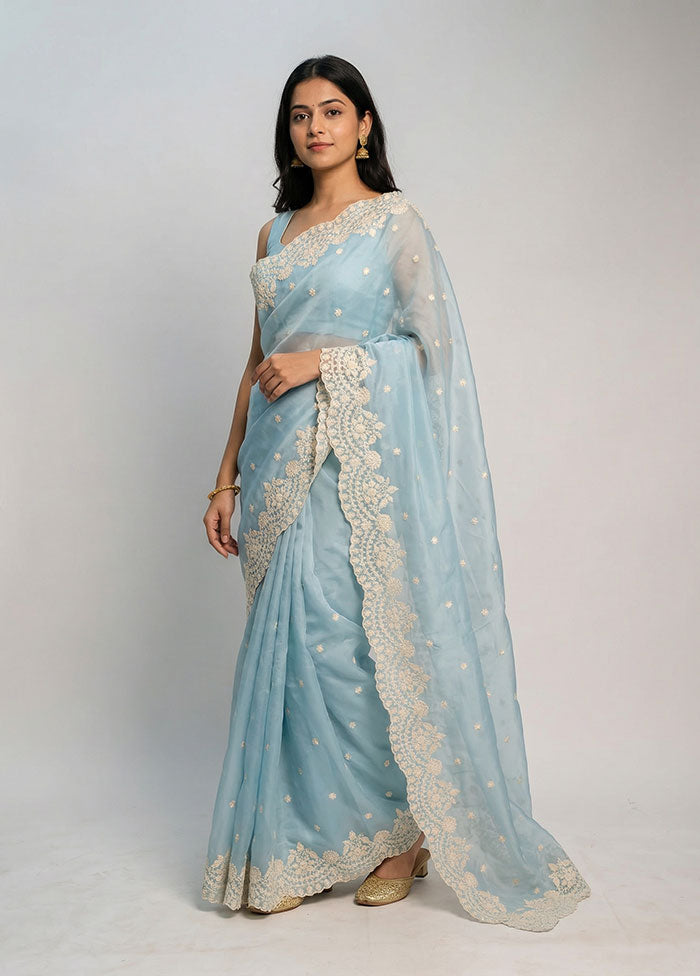 Blue Organza Saree With Blouse Piece