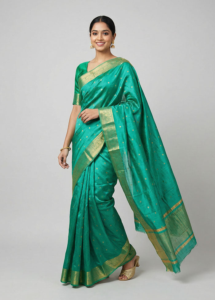 Green Dupion Silk Saree With Blouse Piece