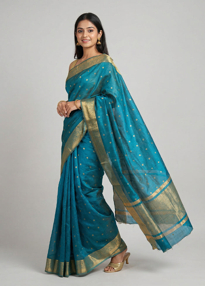 Blue Dupion Silk Saree With Blouse Piece