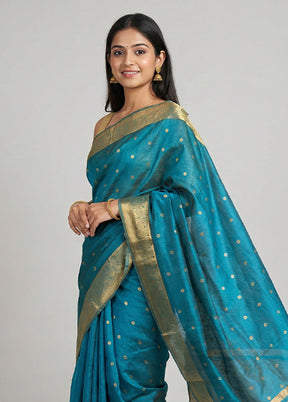 Blue Dupion Silk Saree With Blouse Piece