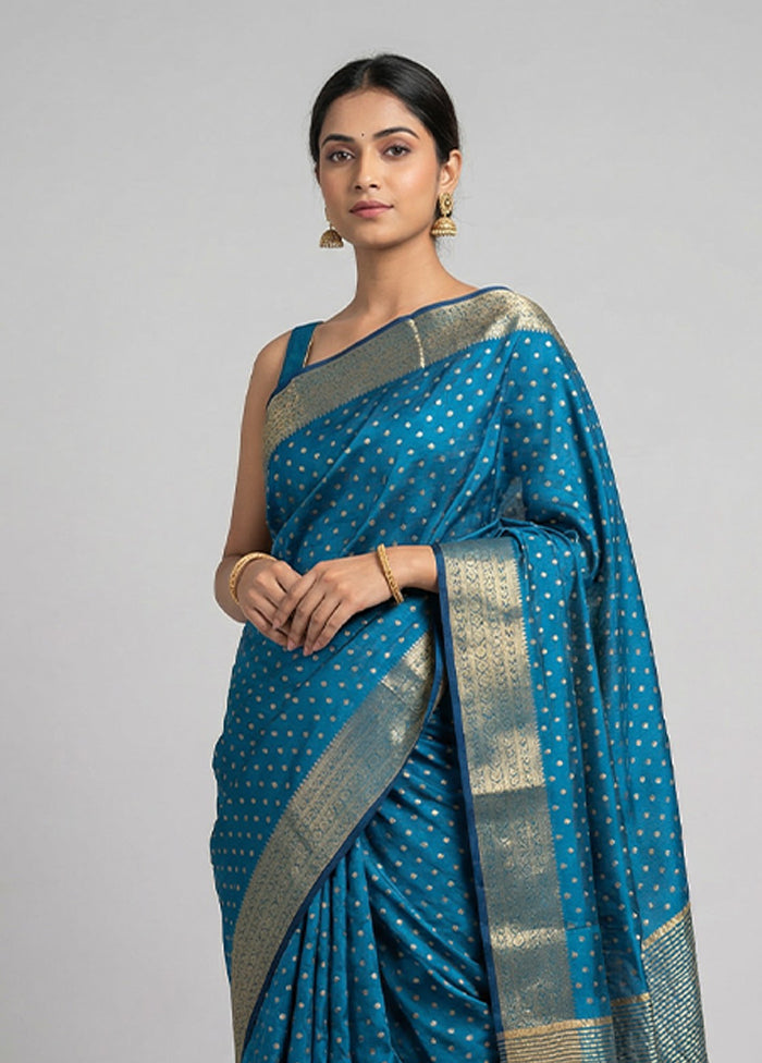 Blue Dupion Silk Saree With Blouse Piece