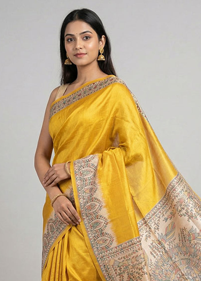 Yellow Printed Silk Saree Without Blouse Piece