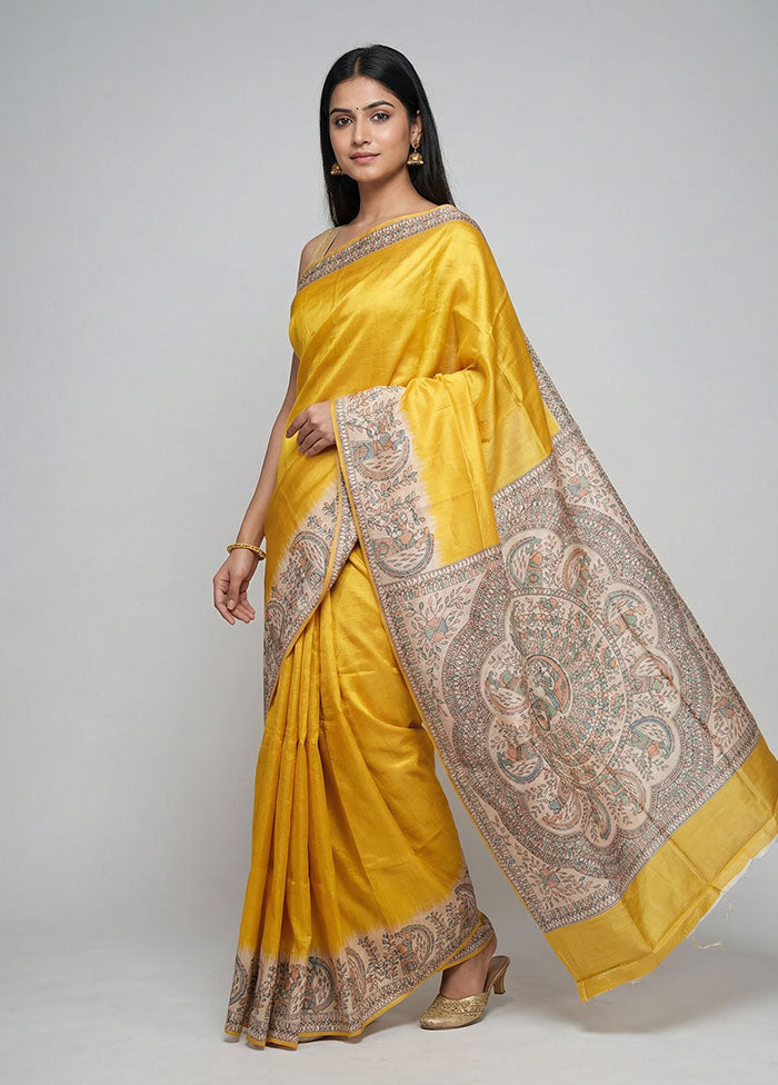 Yellow Printed Silk Saree Without Blouse Piece