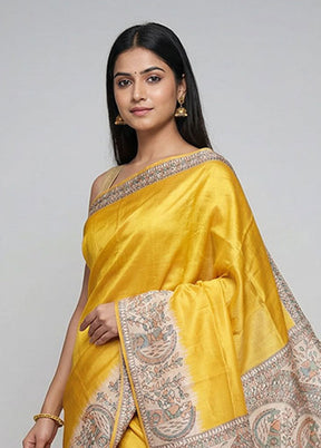 Yellow Printed Silk Saree Without Blouse Piece