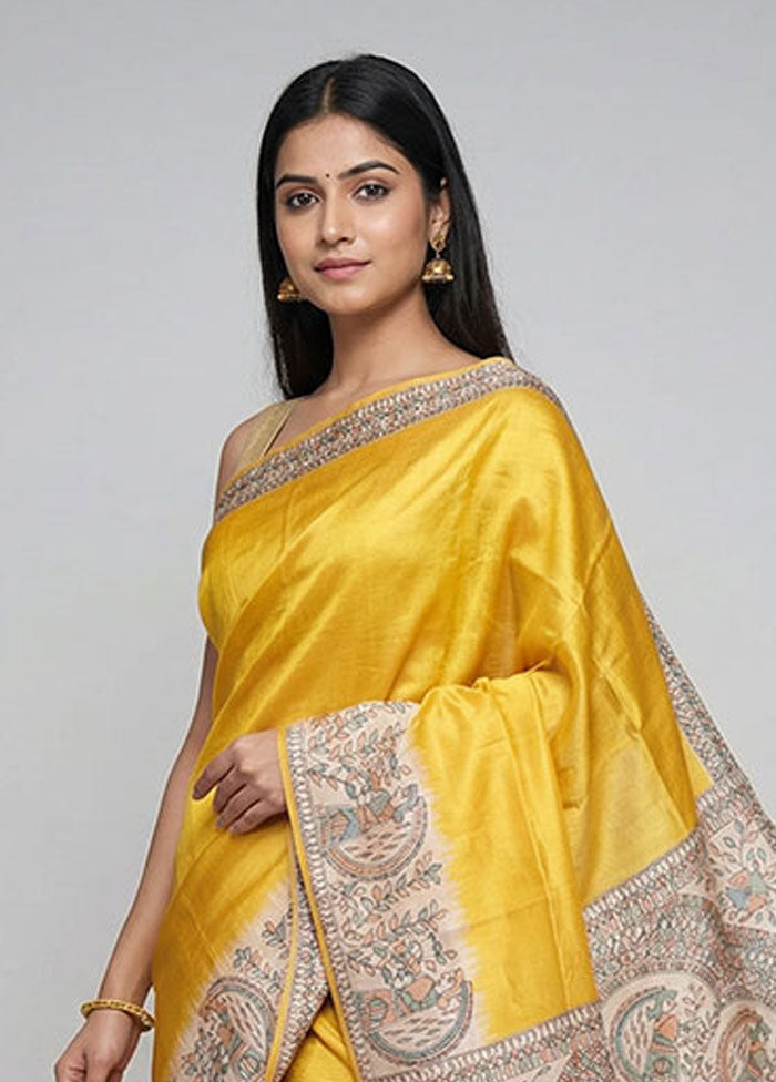 Yellow Printed Silk Saree Without Blouse Piece