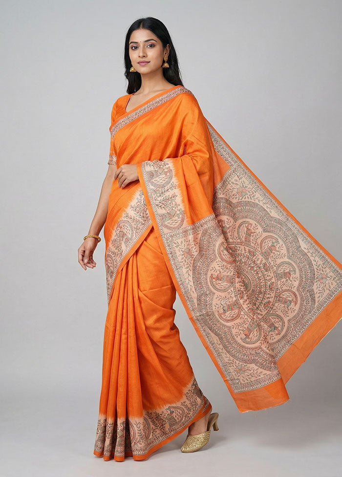Orange Printed Silk Saree Without Blouse Piece