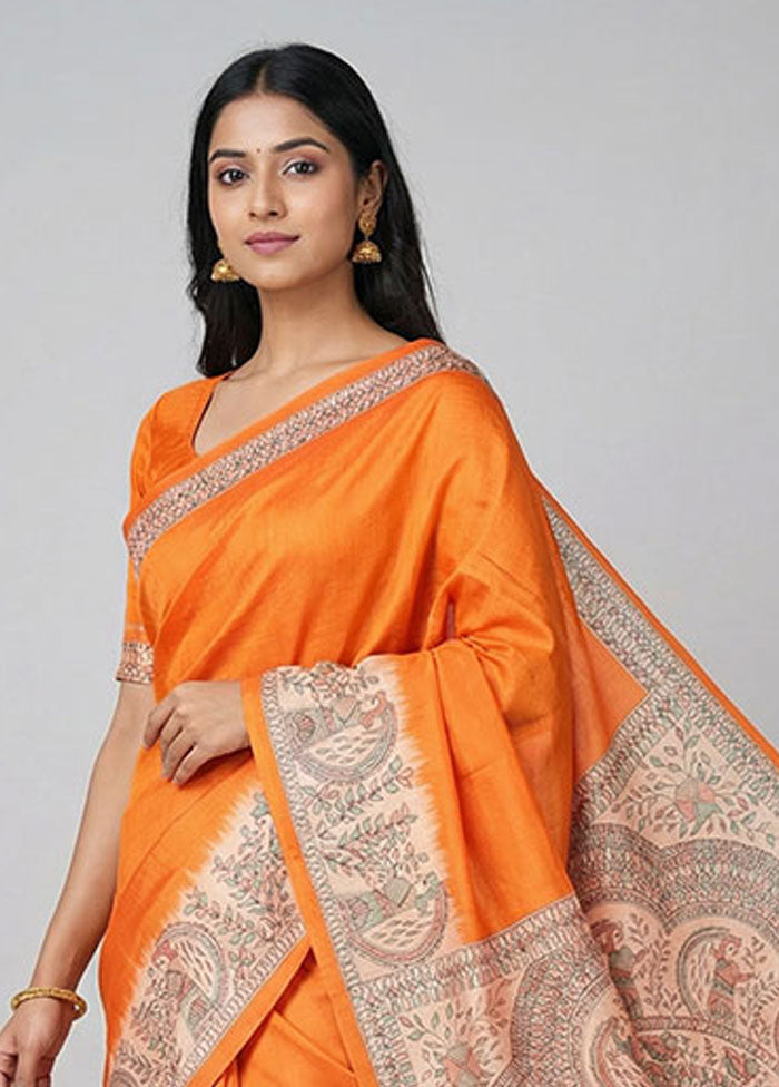 Orange Printed Silk Saree Without Blouse Piece