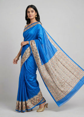 Blue Printed Silk Saree Without Blouse Piece