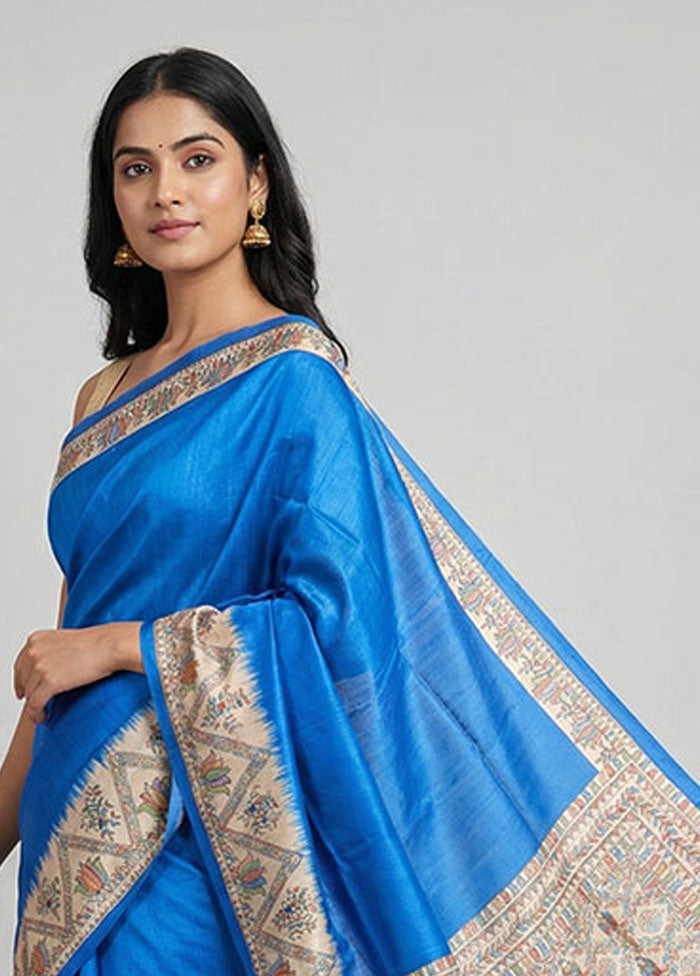 Blue Printed Silk Saree Without Blouse Piece