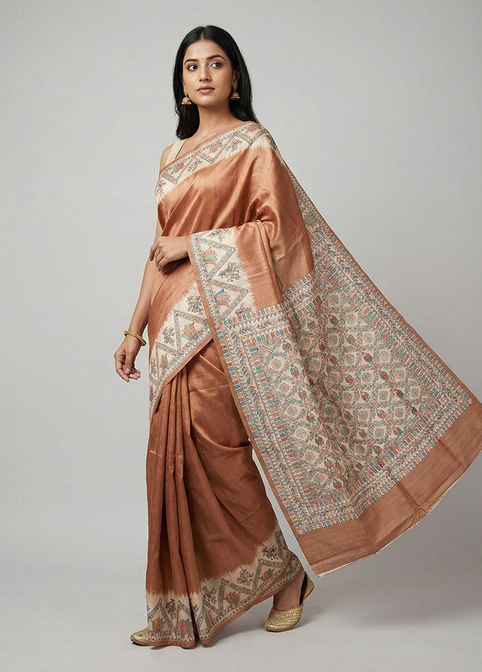 Cream Printed Silk Saree Without Blouse Piece