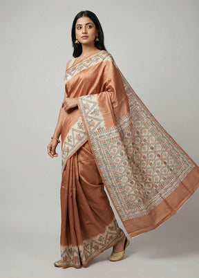 Cream Printed Silk Saree Without Blouse Piece