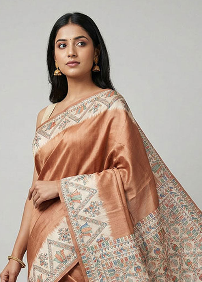 Cream Printed Silk Saree Without Blouse Piece