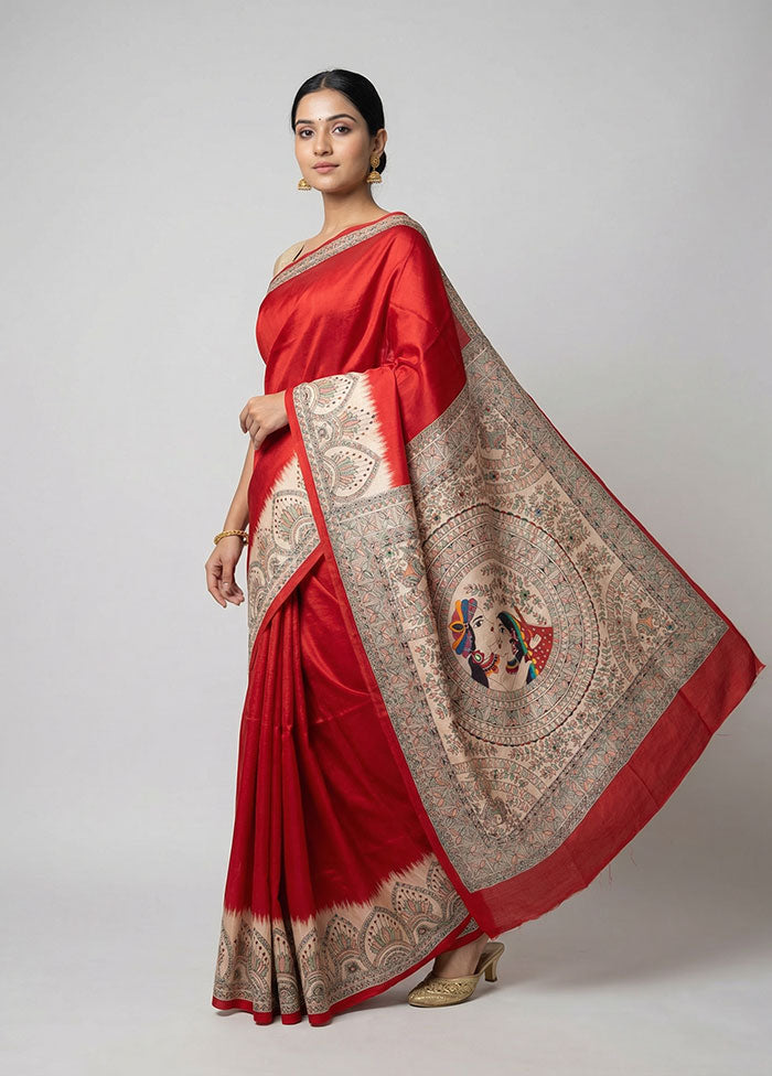 Red Printed Silk Saree Without Blouse Piece