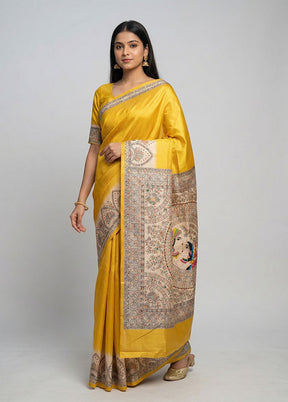 Yellow Printed Silk Saree Without Blouse Piece