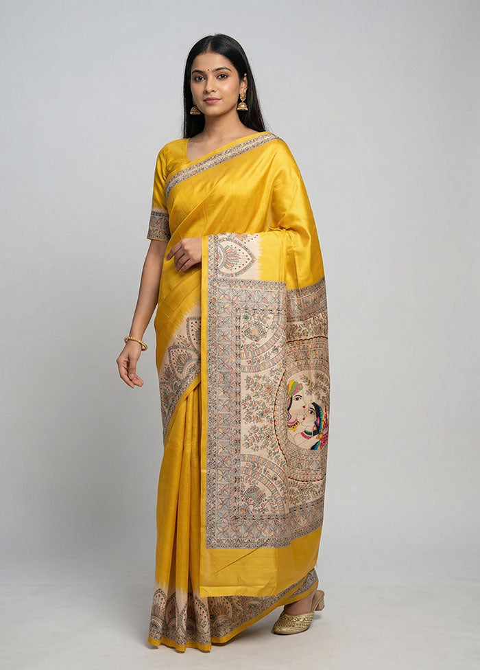 Yellow Printed Silk Saree Without Blouse Piece