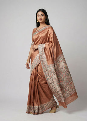 Cream Printed Silk Saree Without Blouse Piece