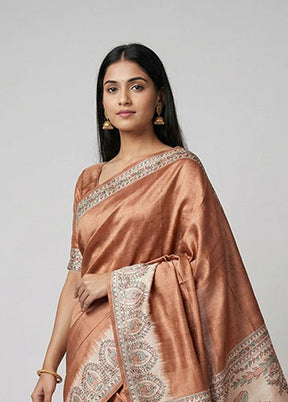 Cream Printed Silk Saree Without Blouse Piece