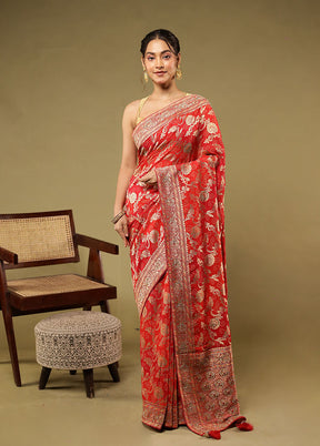 Red Handloom Pure Georgette Saree With Blouse Piece