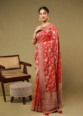 Red Handloom Pure Georgette Saree With Blouse Piece