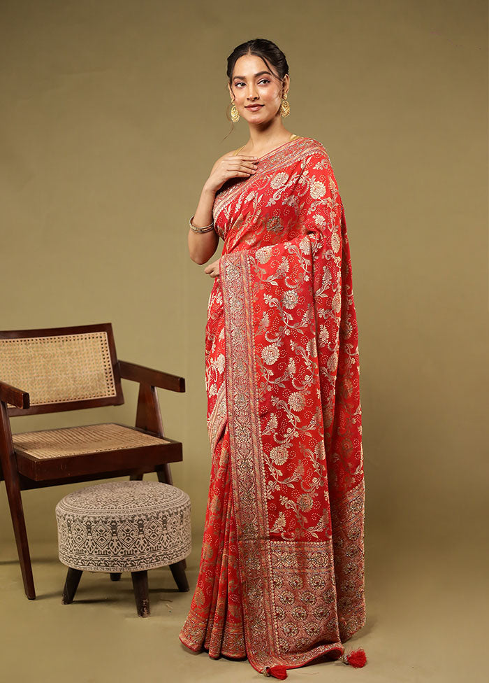 Red Handloom Pure Georgette Saree With Blouse Piece