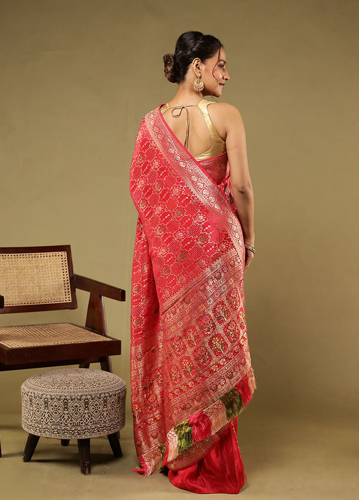 Red Handloom Pure Georgette Saree With Blouse Piece