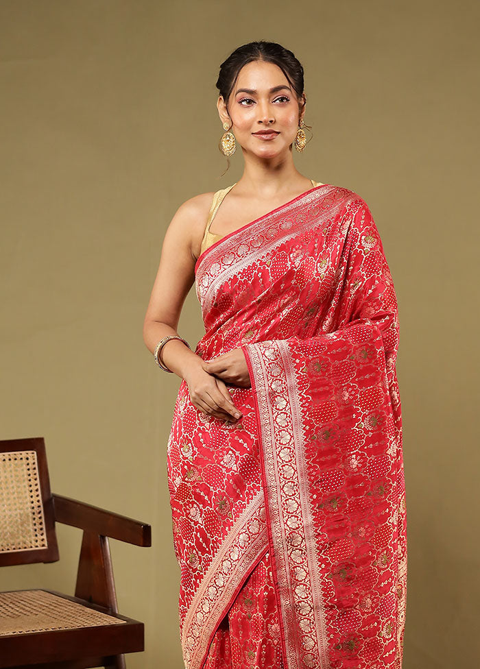 Red Handloom Pure Georgette Saree With Blouse Piece