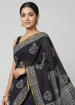 Black Chanderi Silk Saree With Blouse Piece