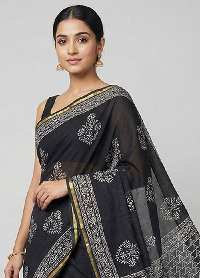 Black Chanderi Silk Saree With Blouse Piece