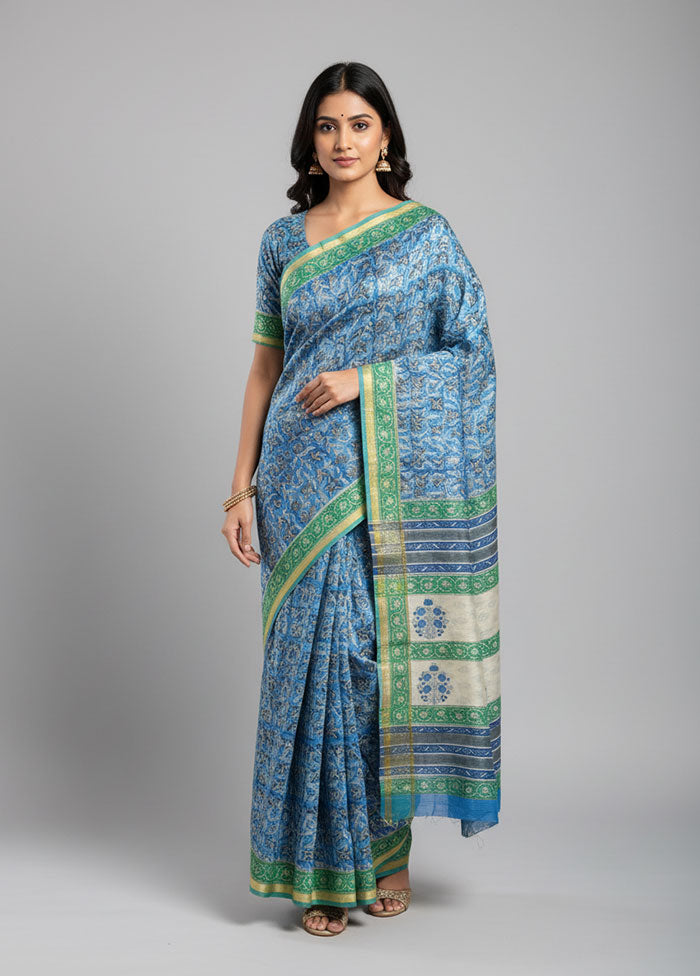 Blue Chanderi Silk Saree With Blouse Piece