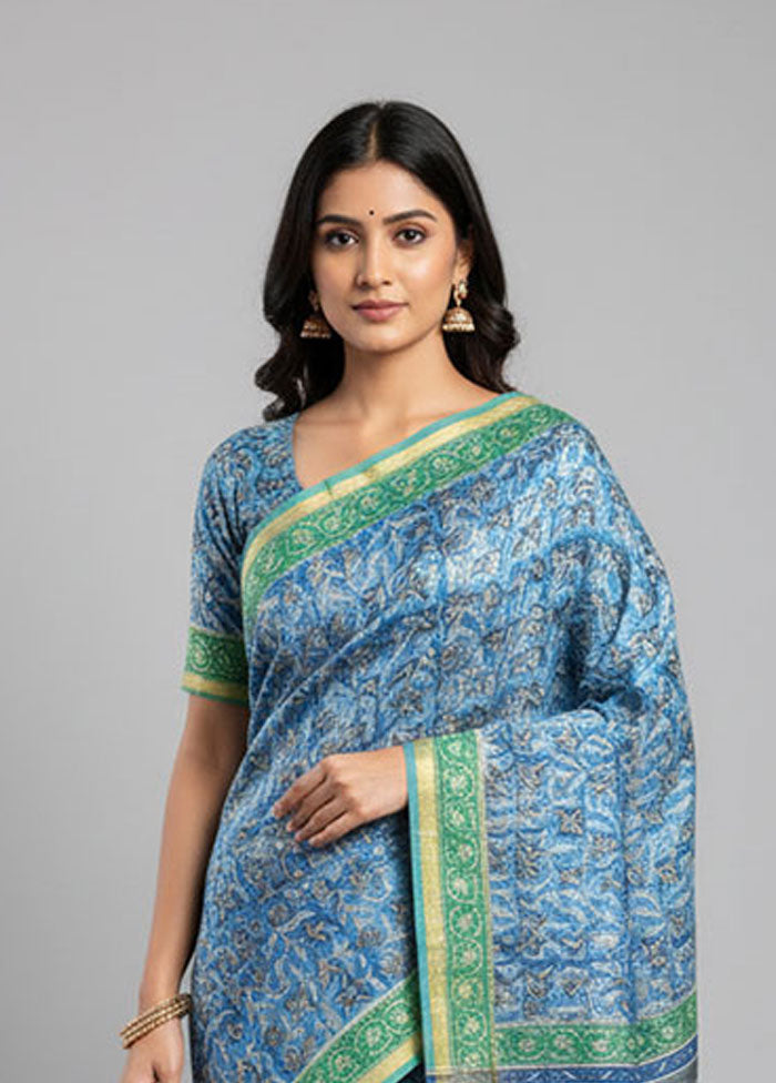 Blue Chanderi Silk Saree With Blouse Piece