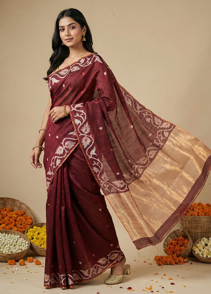 Maroon Handloom Matka Pure Silk Saree With Blouse Piece