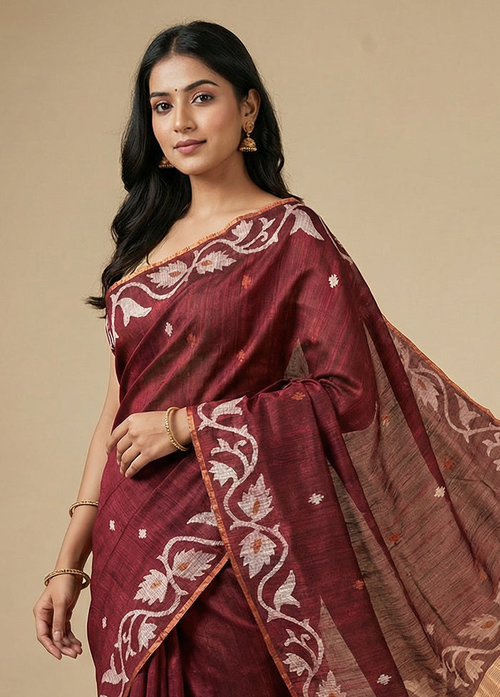 Maroon Handloom Matka Pure Silk Saree With Blouse Piece