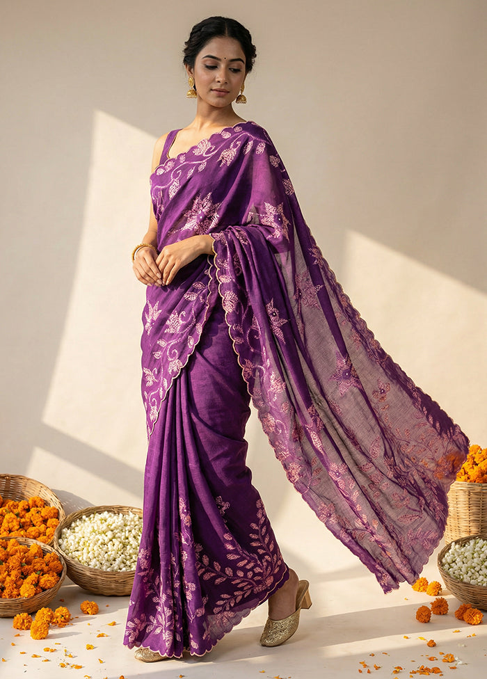 Purple Handloom Tussar Pure Silk Saree With Blouse Piece